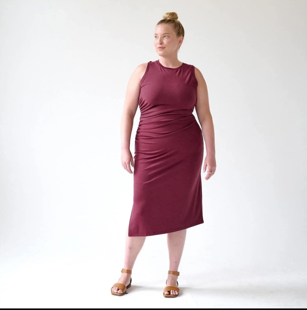 Brass Shirred Midi Dress Black Cherry - Picture 1 of 6